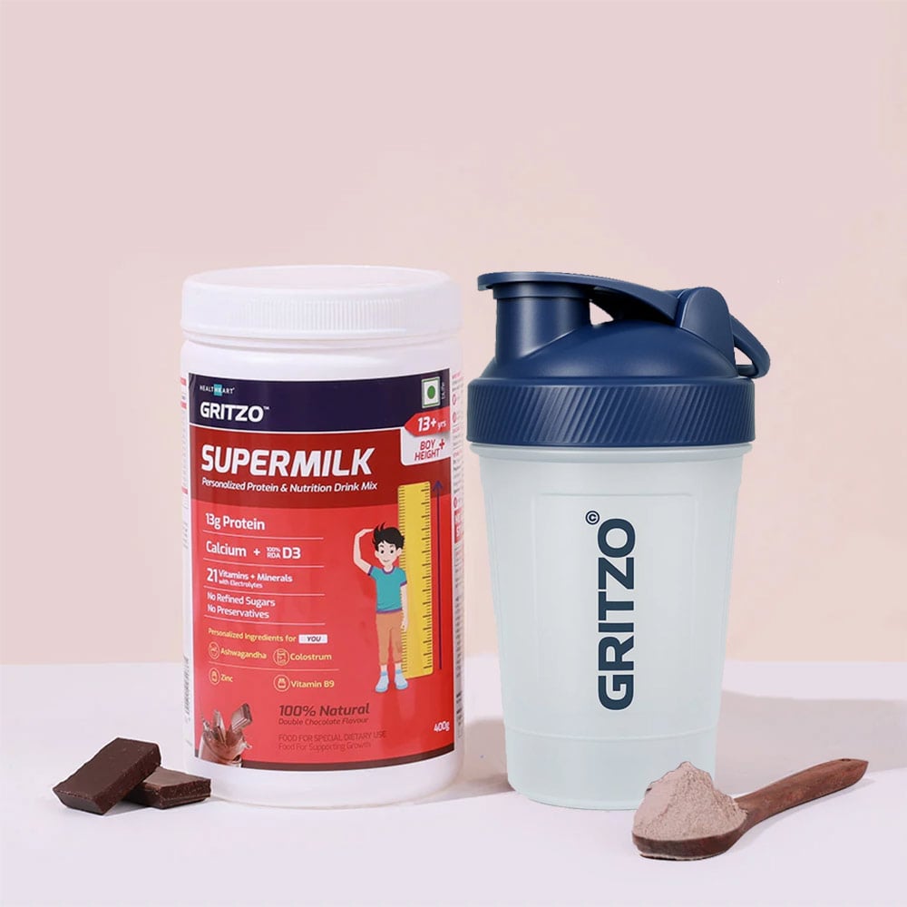Gritzo SuperMilk Height+ for 13+ Yrs Boys 400 g Double Chocolate & Shaker Combo