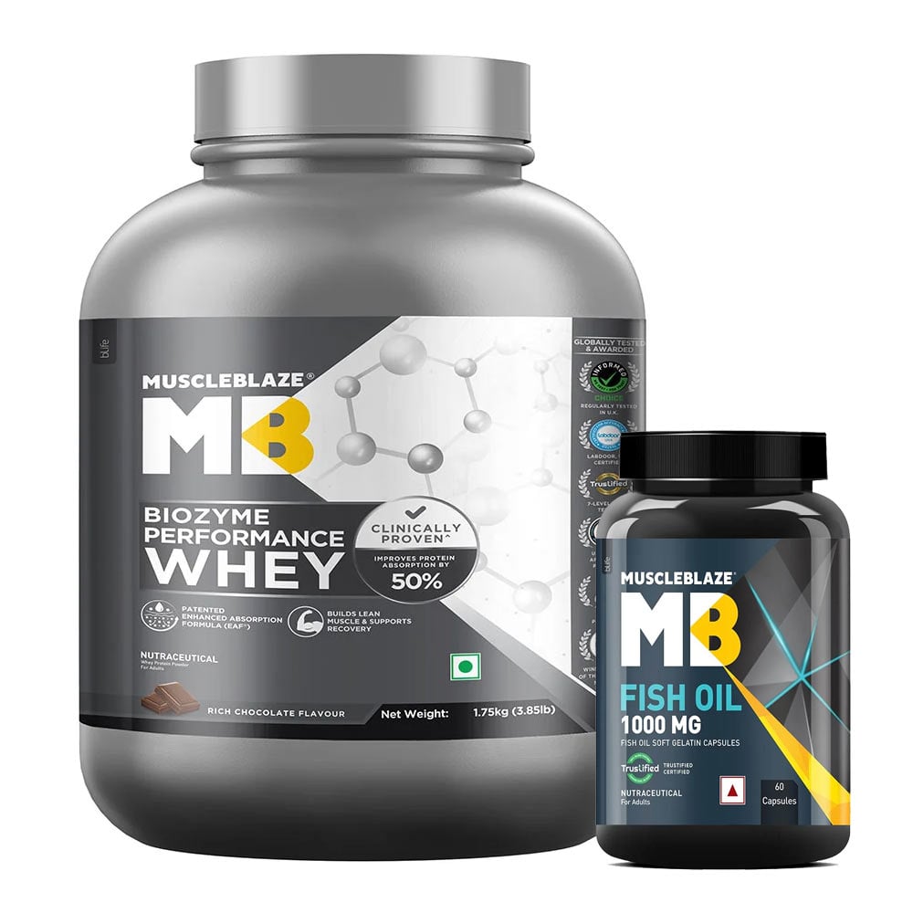 MuscleBlaze Biozyme Performance Whey 1.75 Kg Rich Chocolate and Fish Oil 60 caps Combo-image-2