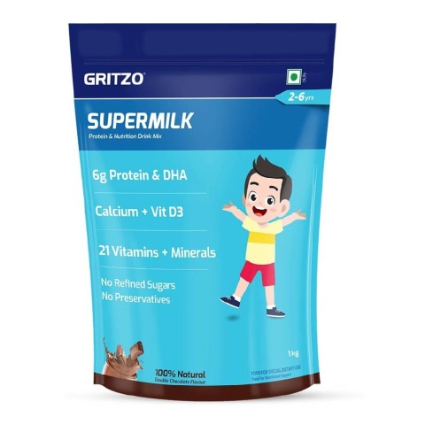 11 - Supermilk Gritzo Overall Growth for Boy/Girl 2-6 Yrs Protein & Nutrition Drink Mix,  1 kg  Double Chocolate - Pouch 