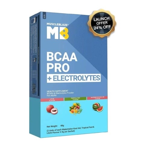 MuscleBlaze BCAA PRO + ELECTROLYTES, 48 g 6 Servings Tropical fest, Litchi & Watermelon kool Aid