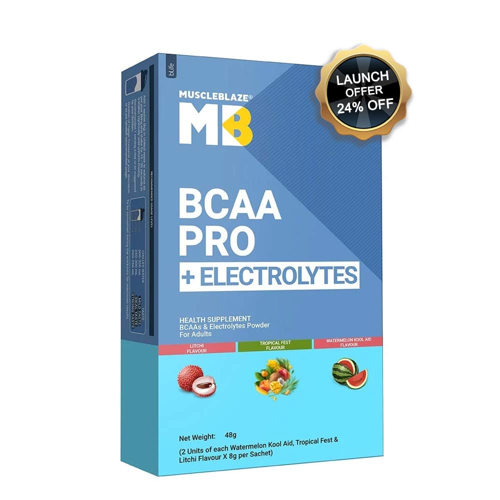MuscleBlaze BCAA PRO + ELECTROLYTES, 48 g 6 Servings Tropical fest, Litchi & Watermelon kool Aid