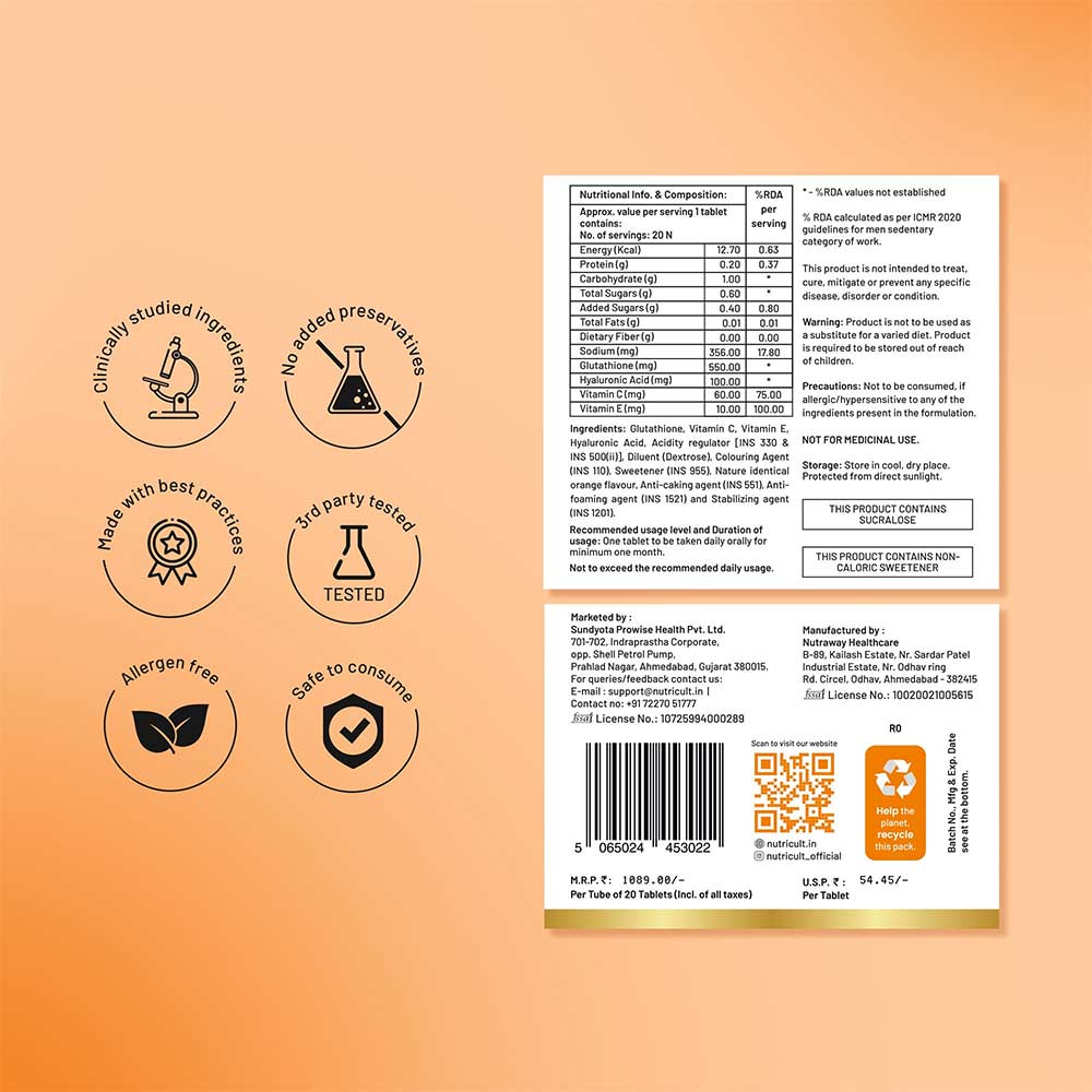 3 - NutriCult L-Glutathione 550mg Effervescent,  Orange  20 tablet(s) 