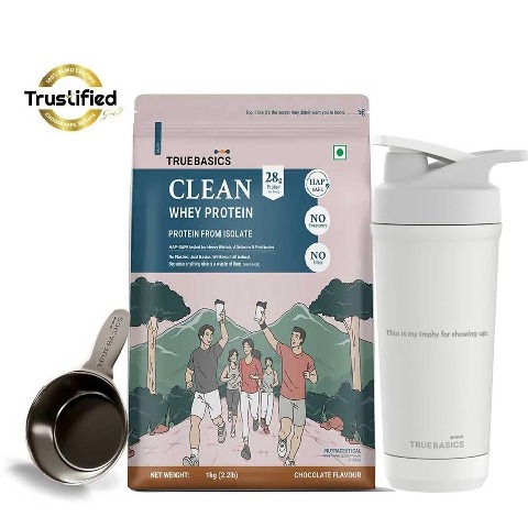 TrueBasics Clean Whey Protein Isolate 1kg Chocolate & Steel Pro Shaker 700 ml Combo