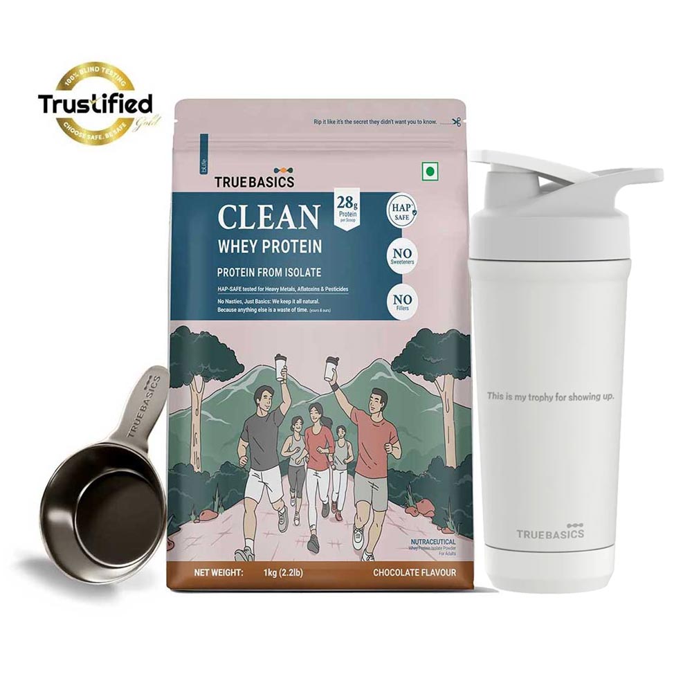 TrueBasics Clean Whey Protein Isolate 1kg Chocolate & Steel Pro Shaker 700 ml Combo