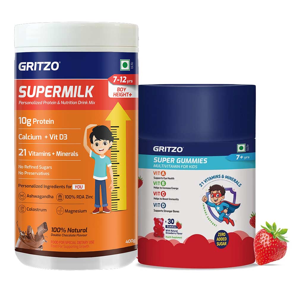 Gritzo SuperMilk Height+ for 7-12 Yrs Boy 400 g Double Chocolate & Gummies Multivitamin Combo