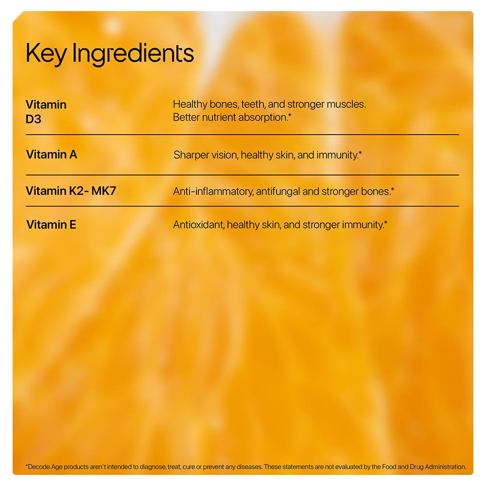 4 - Decode Age Dake Vitashine Vitamin D3, K2 (MK7), A & E,  30 veggie capsule(s)  Unflavoured - 600 IU 
