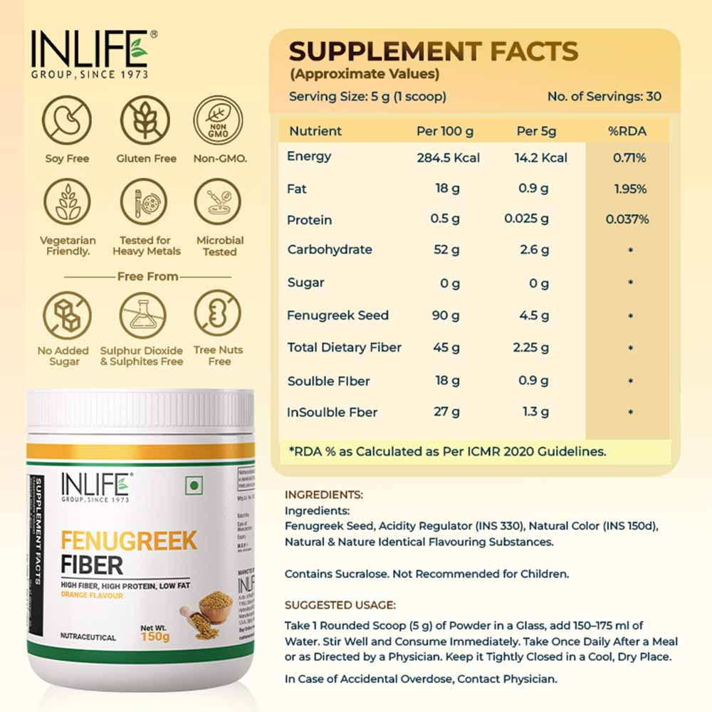 6 - INLIFE Fenugreek Fiber Powder with Orange Flavour,  150 g 