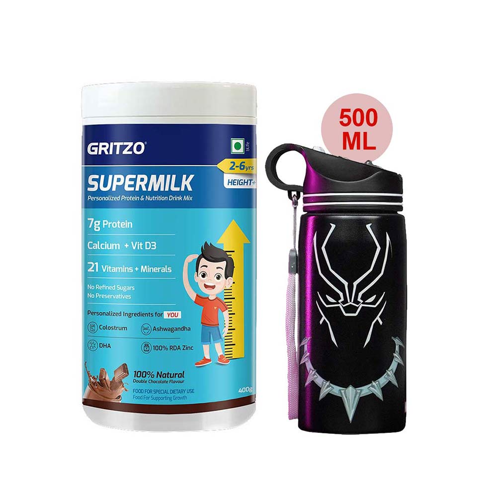 Supermilk Height+ for Boy/Girl 2 to 6 Yrs 400g and 500ml Black Panther Sipper Combo