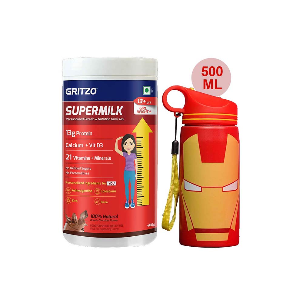 Supermilk Height+ for Girl 13+ Yrs 400g Double Chocolate and 500ml Iron Man Sipper Combo