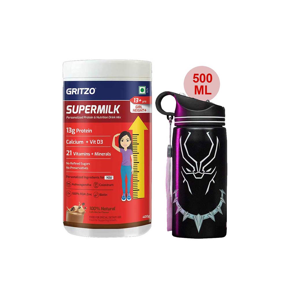 Supermilk Height+ for Girl 13+ Yrs 400g Cafe Mocha and 500ml Black Panther Sipper Combo