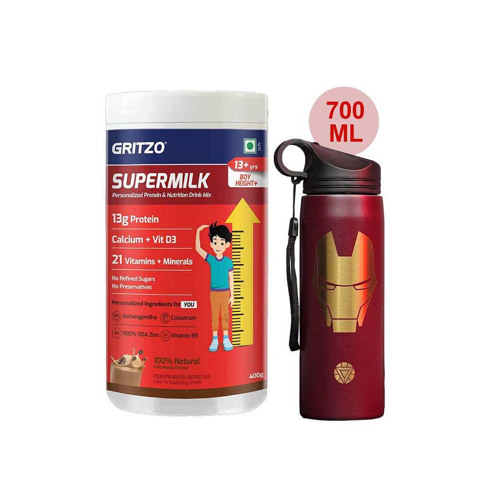 Supermilk Height+ for Boy 13+ Yrs 400g Cafe Mocha and 700ml Iron Man Sipper Combo