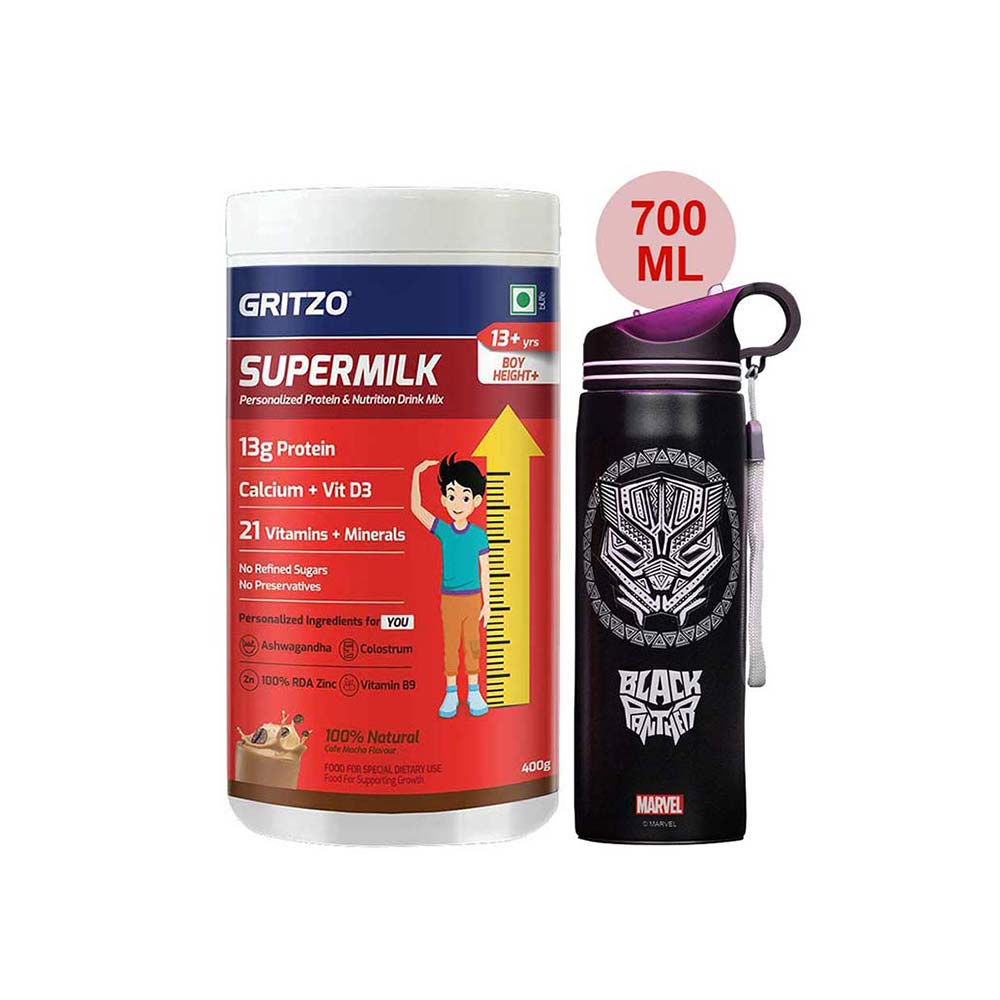 Supermilk Height+ for Boy 13+ Yrs 400g Cafe Mocha and 700ml Black Panther Sipper Combo