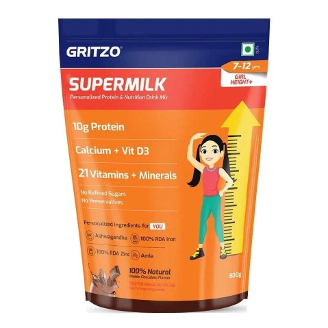 3 - Gritzo Supermilk Height+ for 7-12 Yrs Girls Personalized Protein & Nutrition Drink Mix OP,  800 g  Double Chocolate 