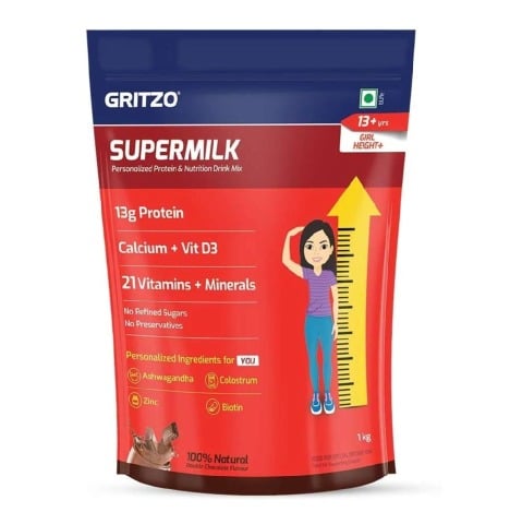 3 - Supermilk Gritzo Height+ for 13+ Yrs Girls Personalized Protein & Nutrition Drink Mix OP,  1 kg  Double Chocolate 