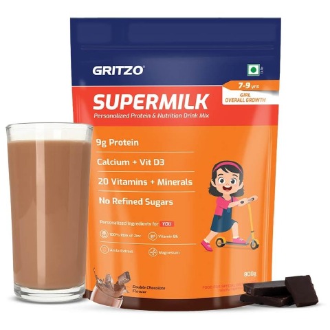 15 - Supermilk Gritzo Overall Growth For 7-9 Yrs Girl Personalized Protein & Nutrition Drink Mix,  800 g  Double Chocolate 