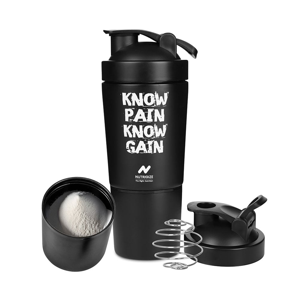 3 - GHC Stainless Steel Shaker Bottle,  Black (with Extra Compartment)  590 ml 