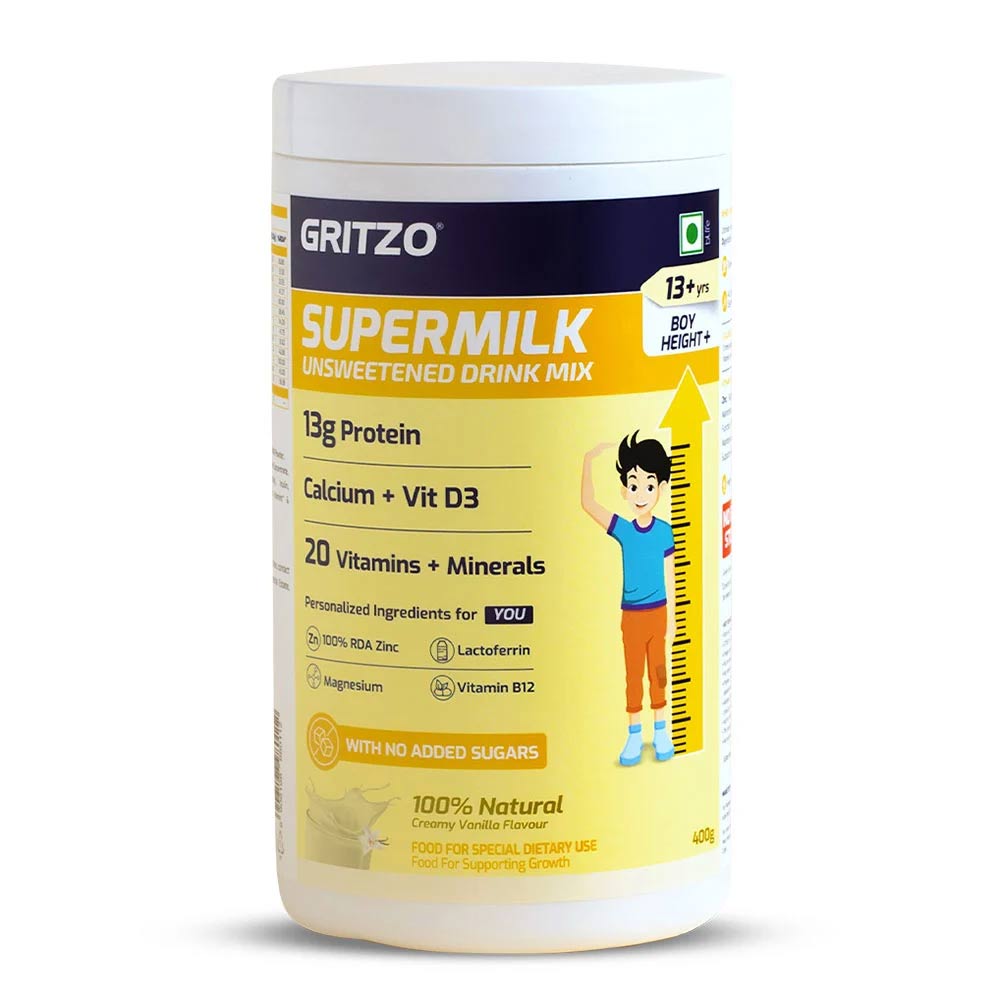Supermilk Gritzo Height+ Unsweetened for Boy 13+ Years OP, 400 g Creamy Vanilla