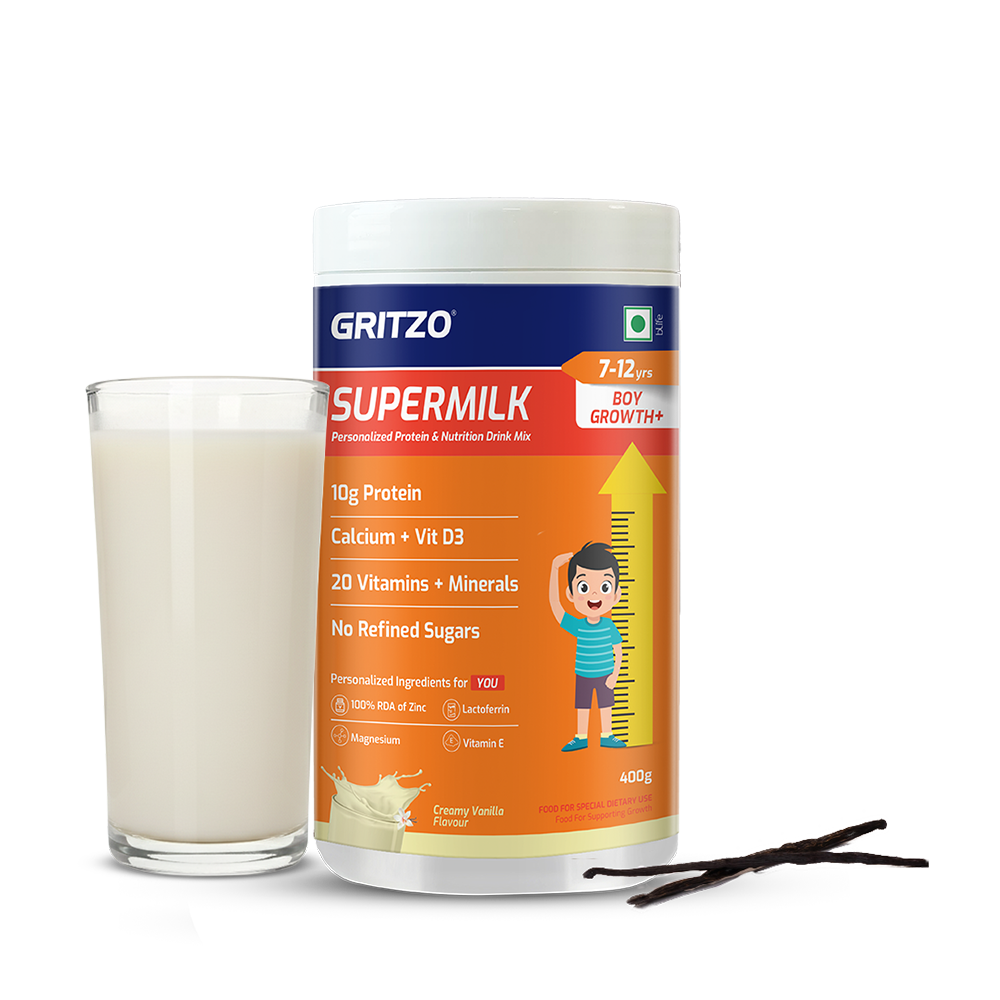1 - Supermilk Height+ for Boy 7 to 12 years,  400 g  Creamy Vanilla  7-12 Yrs  Boy  Height+  With Unrefined Sugar 
