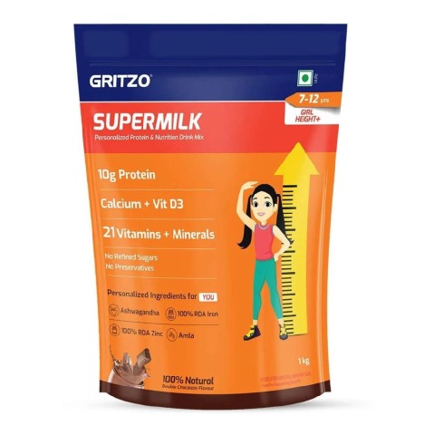 1 - Gritzo Supermilk Height+ for 7-12 Yrs Girls Personalized Protein & Nutrition Drink Mix OP,  1 kg  Double Chocolate (Pouch) 