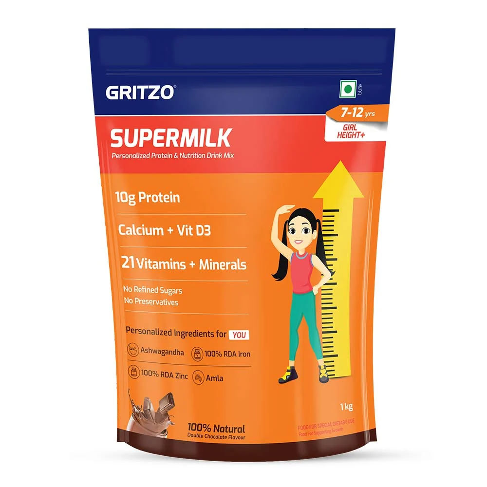 1 - Gritzo Supermilk Height+ for 7-12 Yrs Girls Personalized Protein & Nutrition Drink Mix OP,  1 kg  Double Chocolate (Pouch) 