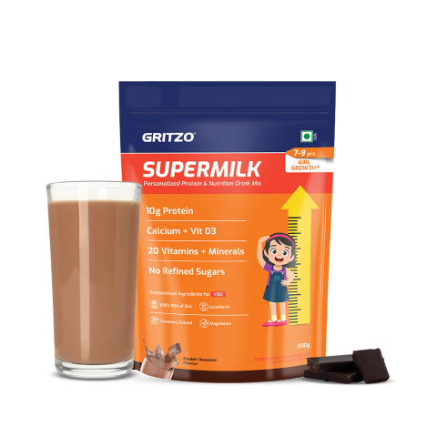 1 - Supermilk Gritzo Height+ for 7-12 Yrs Girls Personalized Protein & Nutrition Drink Mix,  800 g  Double Chocolate 