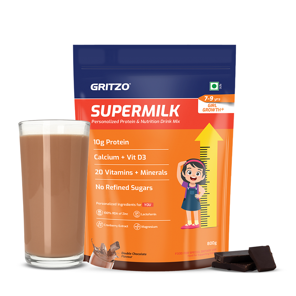 1 - Supermilk Gritzo Height+ for 7-12 Yrs Girls Personalized Protein & Nutrition Drink Mix,  800 g  Double Chocolate 