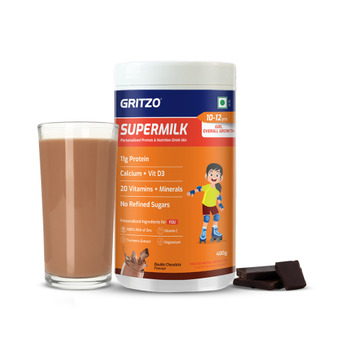 1 - Supermilk Gritzo Overall Growth for 7-12 Yrs Girls Protein & Nutrition Drink Mix, 400 g Double Chocolate