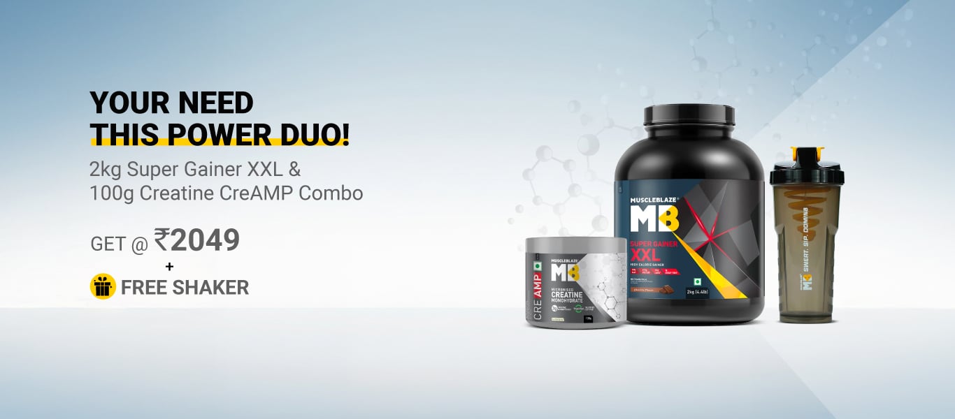 MuscleBlaze Super Gainer XXL 2 kg Chocolate & Creatine Monohydrate CreAMP 100g Combo @ 2049 + Free Shaker
