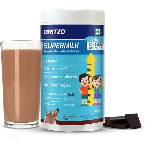 1 - Supermilk Gritzo Height+ for Boy/Girl 2-6 Yrs Personalized Protein & Nutrition Drink Mix, 400 g Double Chocolate