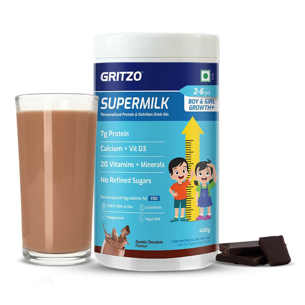 1 - Supermilk Gritzo Height+ for Boy/Girl 2-6 Yrs Personalized Protein & Nutrition Drink Mix, 400 g Double Chocolate