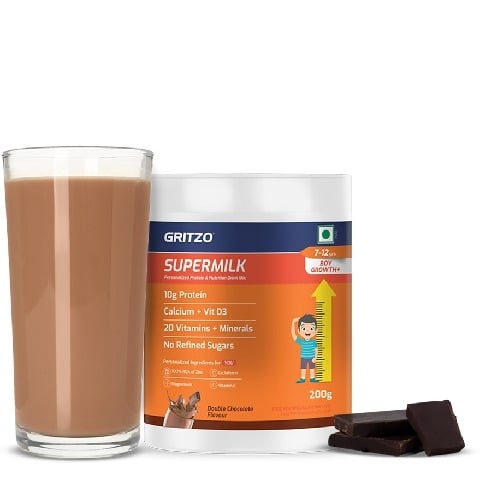 1 - Supermilk Gritzo Height+ for Boy 7-12 Yrs Personalized Protein & Nutrition Drink Mix,  200 g  Double Chocolate 