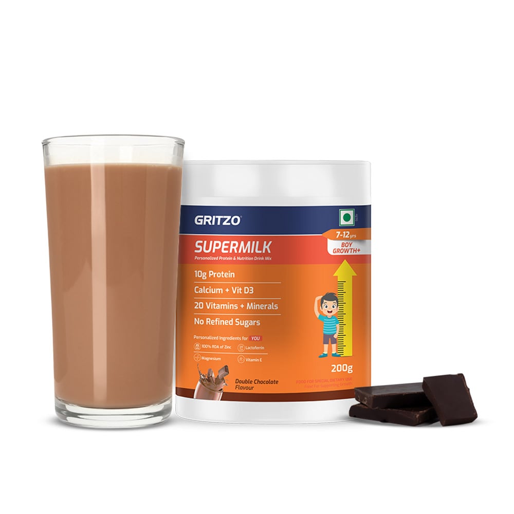 1 - Supermilk Gritzo Height+ for Boy 7-12 Yrs Personalized Protein & Nutrition Drink Mix,  200 g  Double Chocolate 