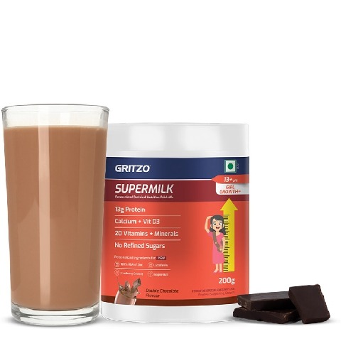 1 - Supermilk Gritzo Height+ for 13+ Yrs Girls Personalized Protein & Nutrition Drink Mix,  200 g  Double Chocolate 