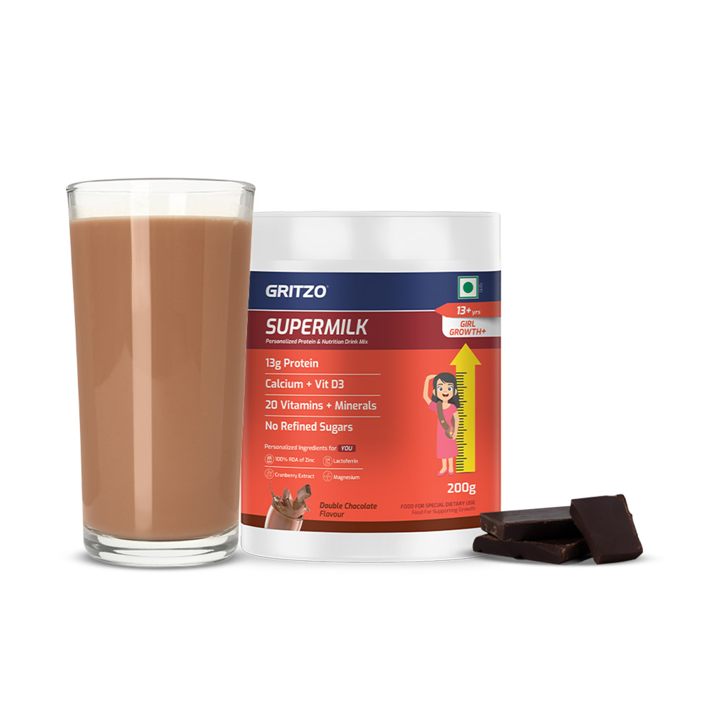 1 - Supermilk Gritzo Height+ for 13+ Yrs Girls Personalized Protein & Nutrition Drink Mix,  200 g  Double Chocolate 
