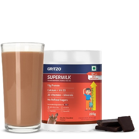 1 - Supermilk Gritzo Height+ for 13+ Yrs Boys Personalized Protein & Nutrition Drink Mix,  200 g  Double Chocolate 