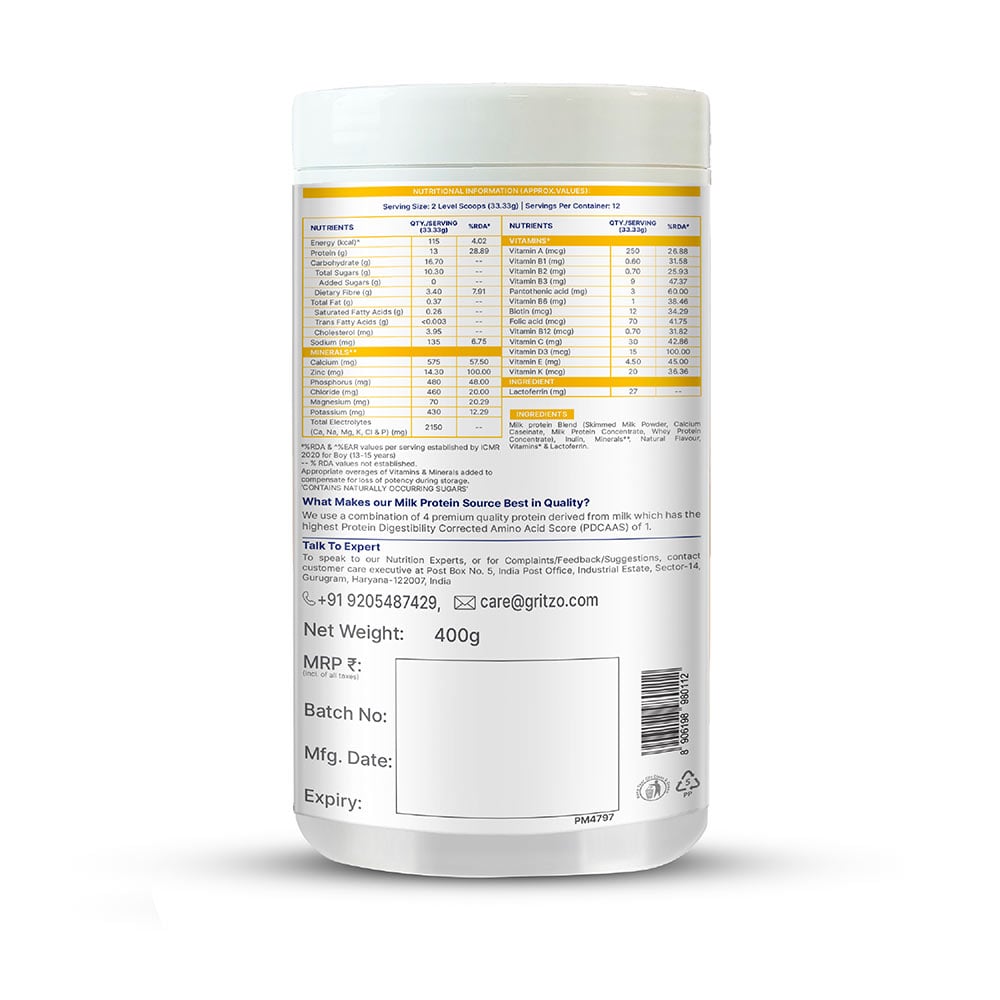 8 - Supermilk Gritzo Height+ Unsweetened for Boy 13+ Years,  400 g  Creamy Vanilla