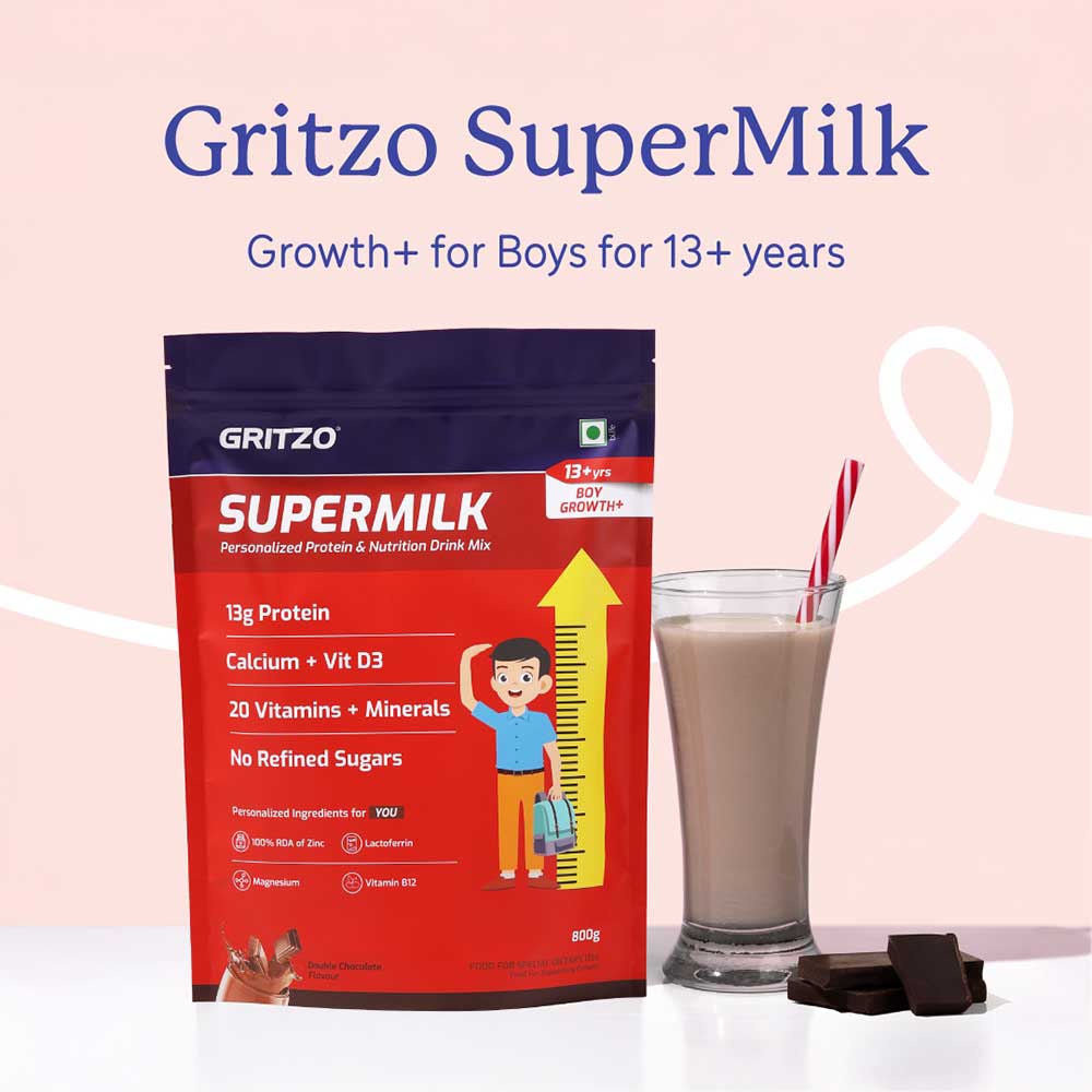 4 - Supermilk Gritzo Height+ for 13+ Yrs Boys Personalized Protein & Nutrition Drink Mix,  800 g  Double Chocolate