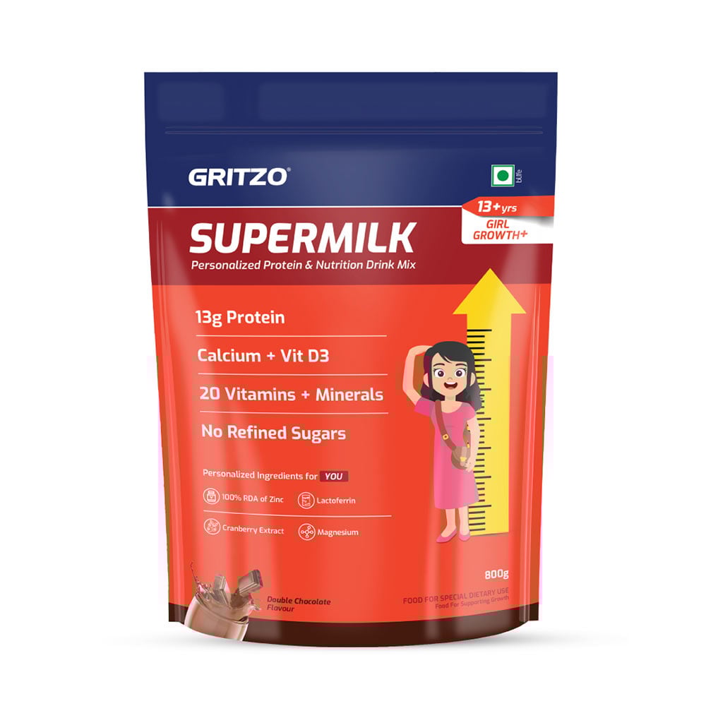 10 - Supermilk Gritzo Height+ for 13+ Yrs Girls Personalized Protein & Nutrition Drink Mix, 800 g Double Chocolate