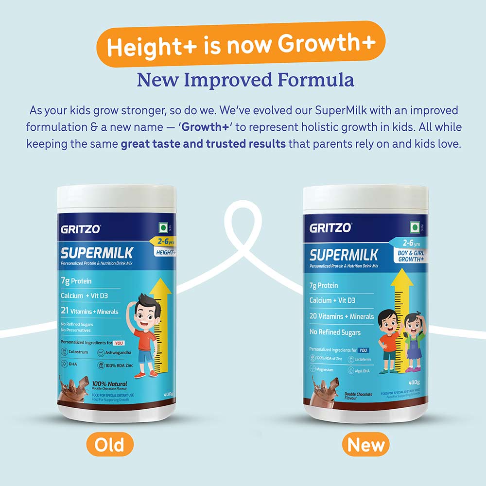 3 - Supermilk Gritzo Height+ for Boy/Girl 2-6 Yrs Personalized Protein & Nutrition Drink Mix, 400 g Double Chocolate