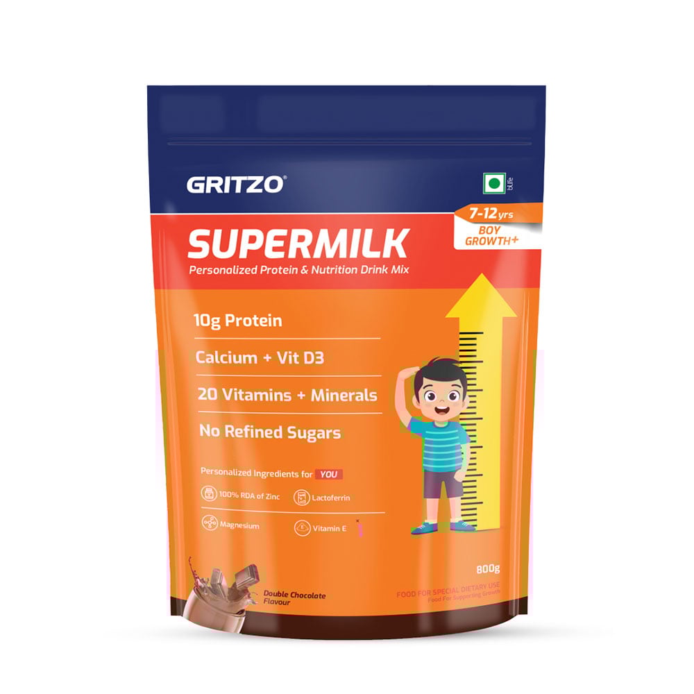 9 - Supermilk Gritzo Height+ for Boy 7-12 Yrs Personalized Protein & Nutrition Drink Mix,  800 g  Double Chocolate