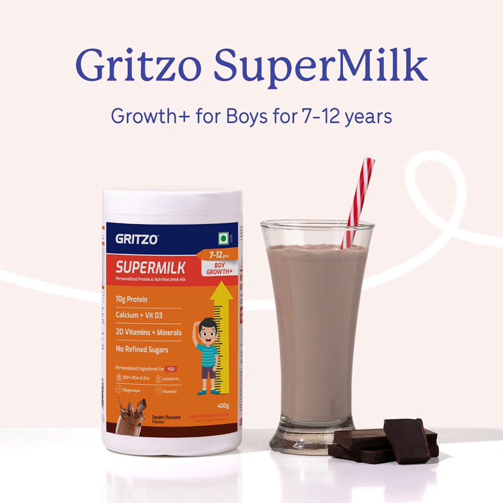2 - Supermilk Gritzo Height+ for Boy 7-12 Yrs Personalized Protein & Nutrition Drink Mix,  400 g  Double Chocolate