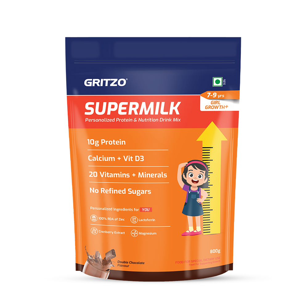 Supermilk Growth+(Formerly Height+) for Girl 7 to 9 years, 800 g Double Chocolate 7-9 Yrs Girl Growth+(Formerly Height+) With Unrefined Sugar