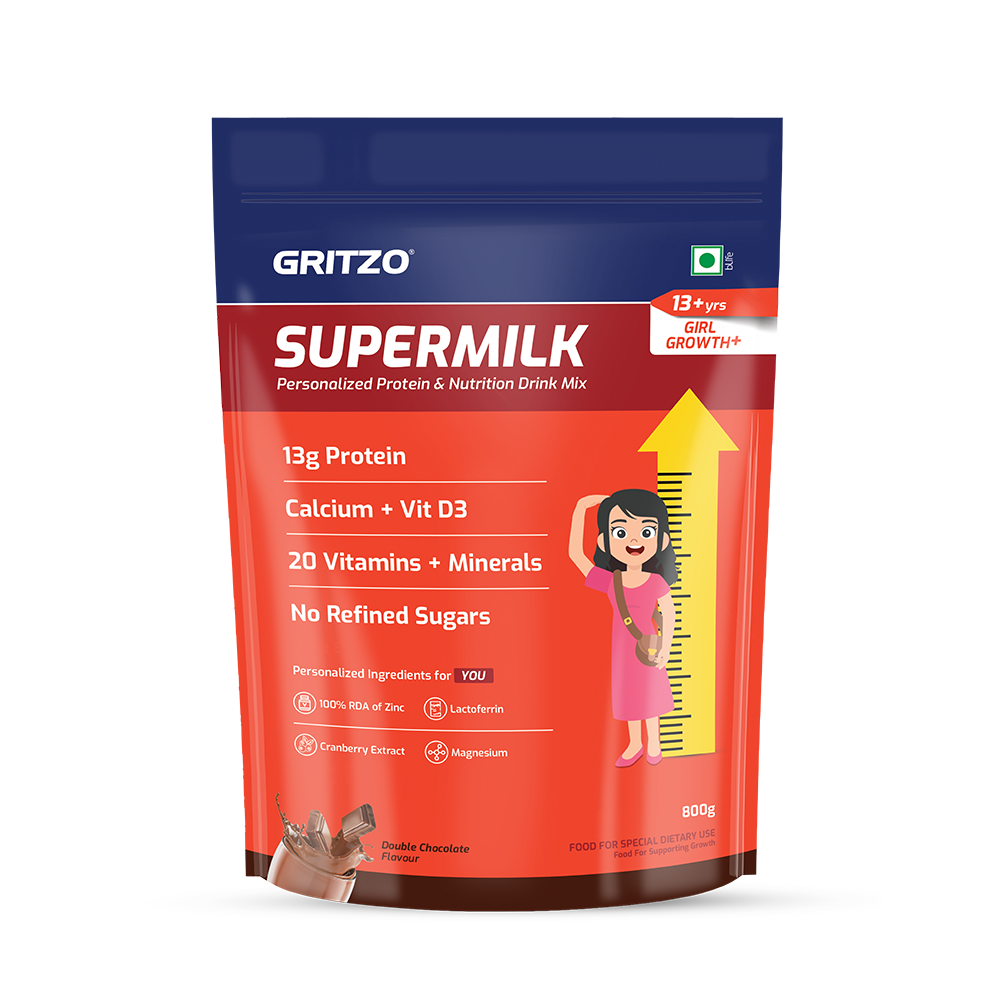 Supermilk Growth+(Formerly Height+) for Girl 13+ years, 800 g Double Chocolate 13+ Yrs Girl Growth+(Formerly Height+) With Unrefined Sugar