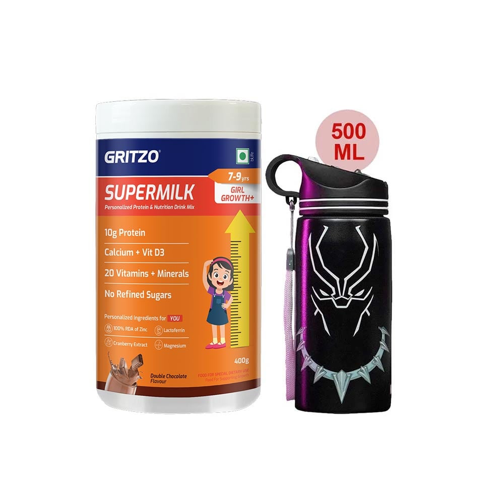 Supermilk Growth+ for Girl 7 to 9 Yrs 400g and 500ml Black Panther Sipper Combo