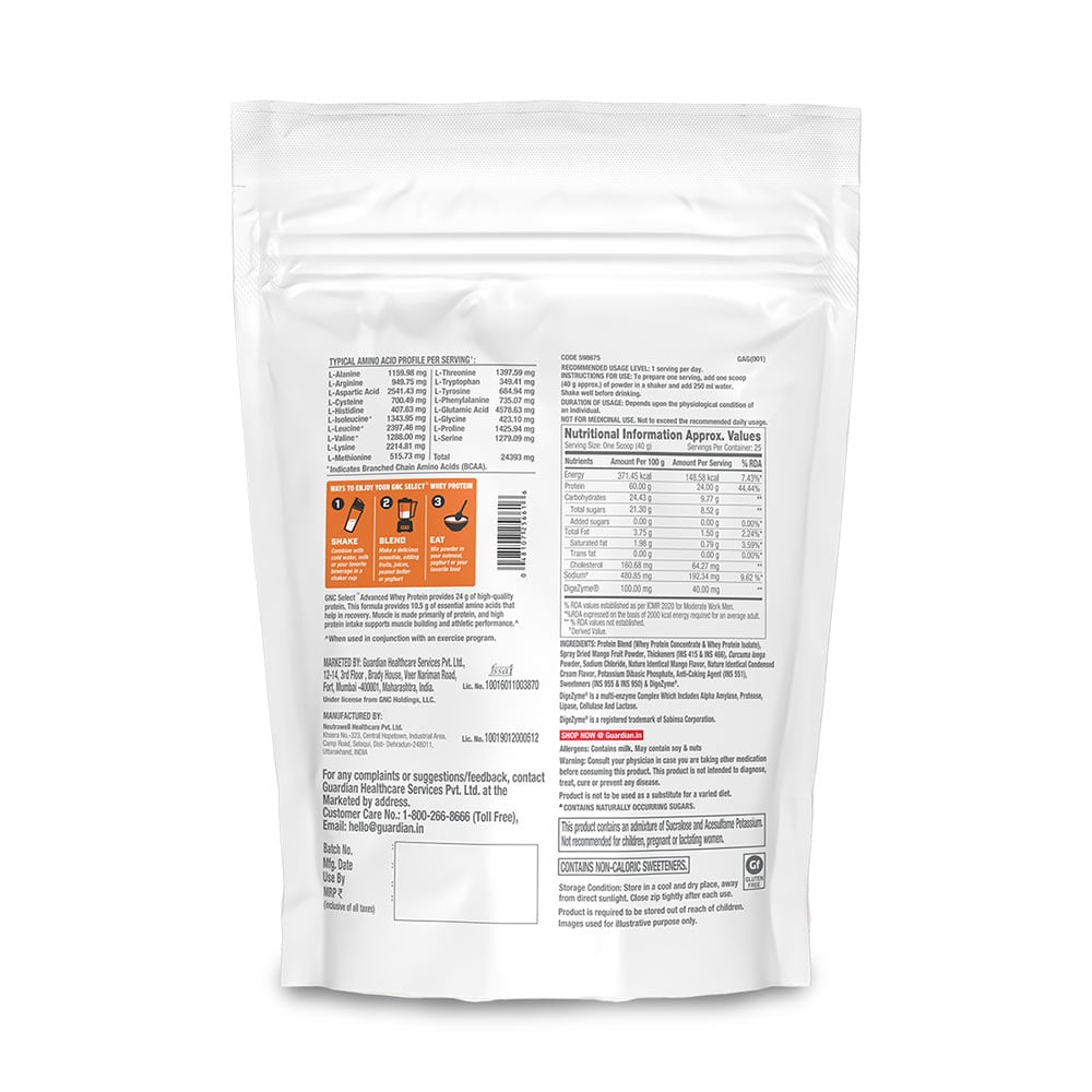 7 - GNC Select Advanced Whey Protein,  2.2 lb  Mango 