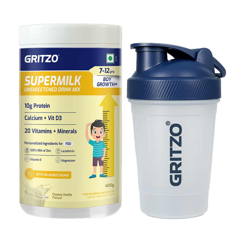 Supermilk Growth+ Unsweetened for Boy 7 to 12 Yrs 400g Creamy Vanilla and Shaker Combo