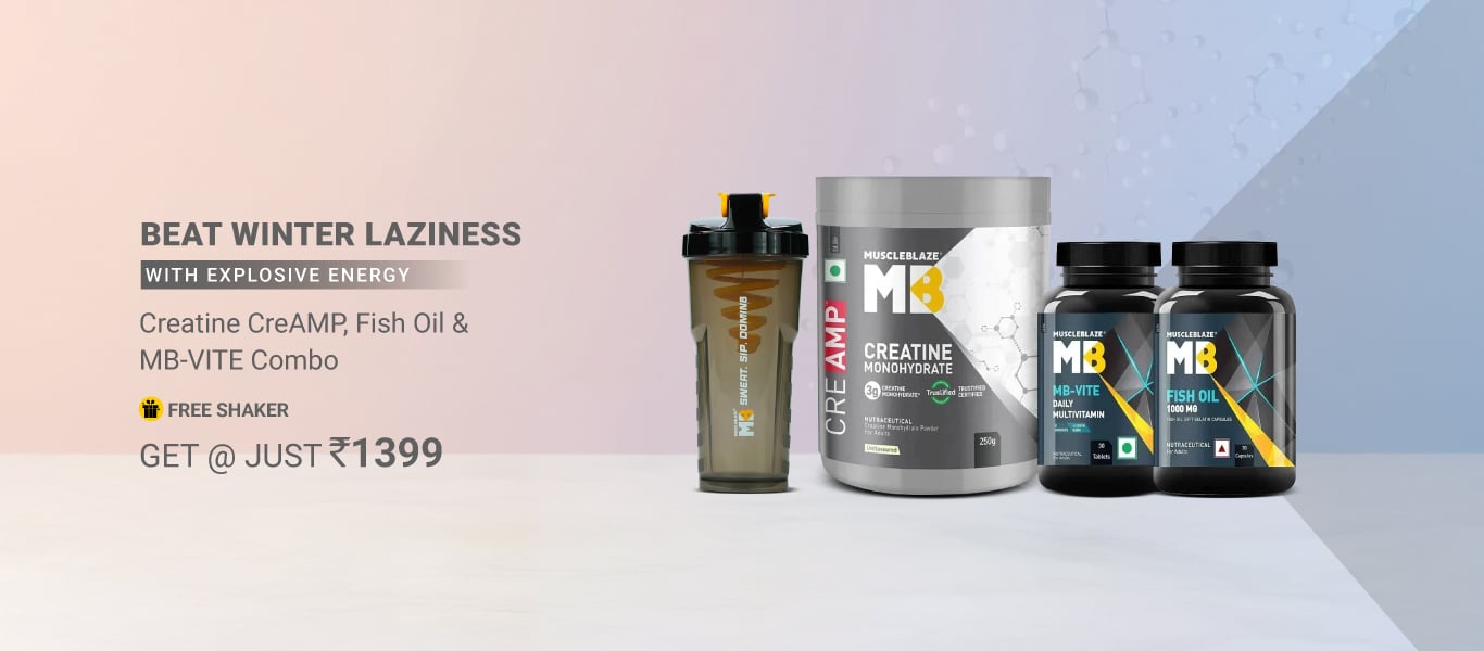 MuscleBlaze Creatine Monohydrate CreAMP 0.55 lb & Fish Oil & MB-VITE 30 Tabs Combo @ 1399 + Free Shaker