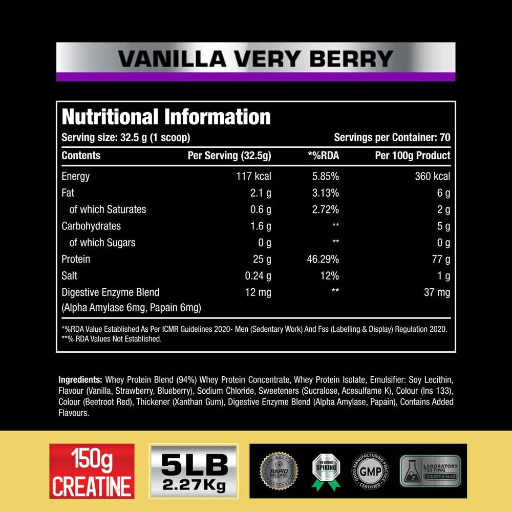 One Science 100% Premium Whey Protein,  5 lb  Vanilla Very Berry - with Free 150g Creatine 