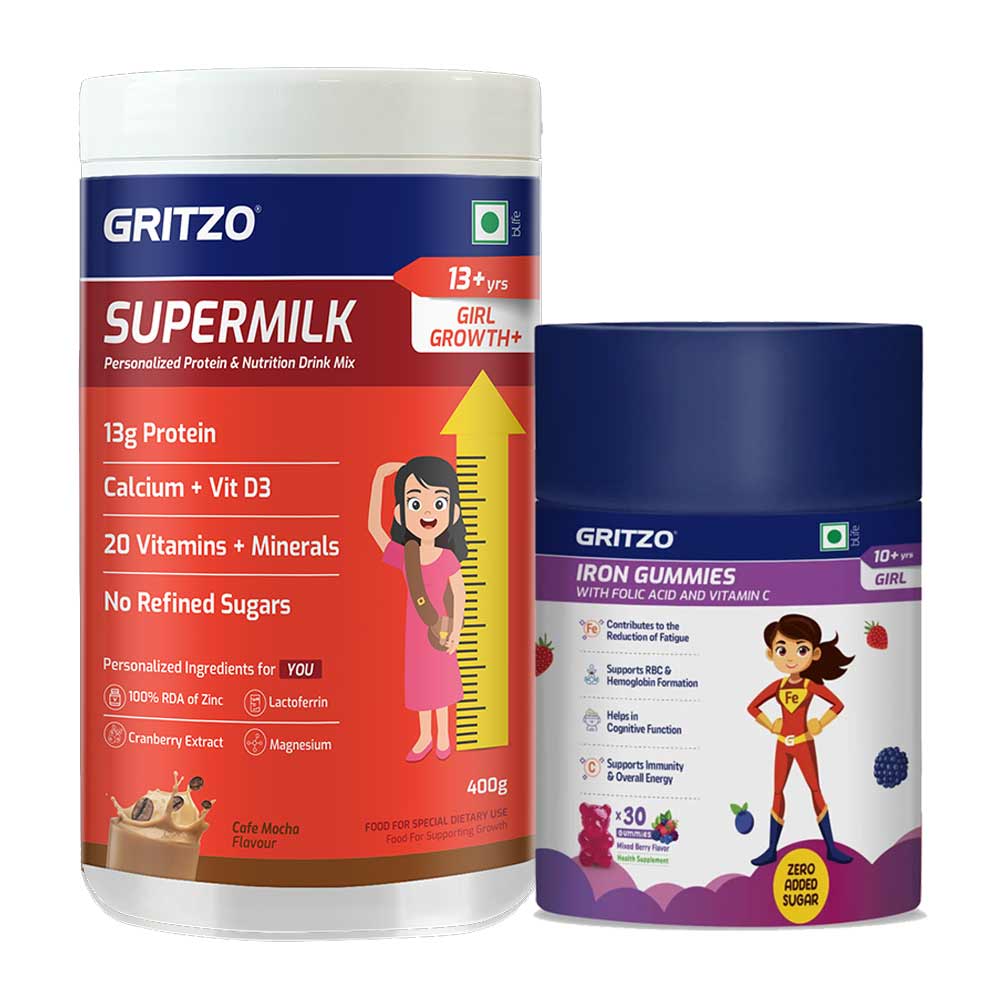 Supermilk Growth+ 400g Cafe Mocha for 13+ Yrs Girl & Iron Gummies Combo