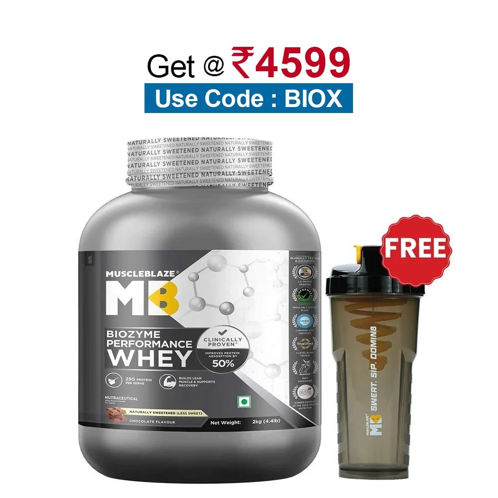 MuscleBlaze Biozyme Performance Whey, 4.4 lb Less Sweet Chocolate 1